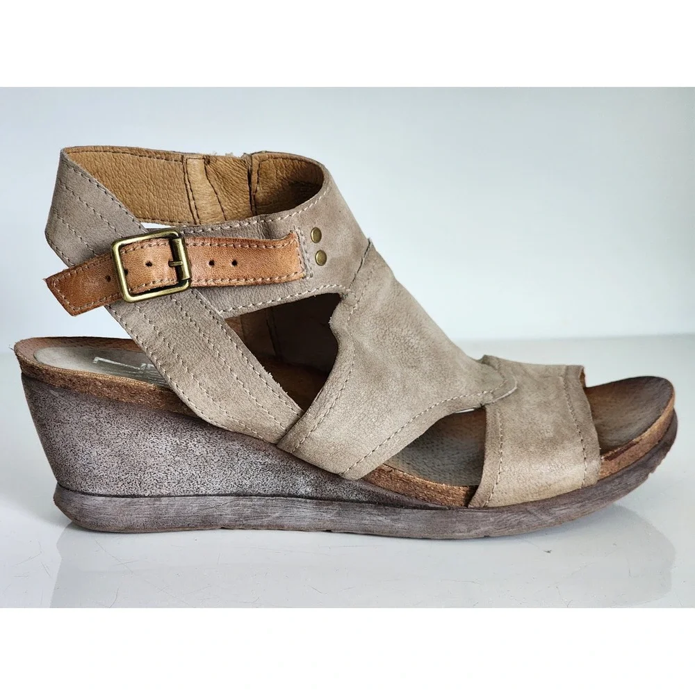 Miz Mooz Scout Womens Taupe Leather Wedge Sandals Ankle Strap Zipper Size 40